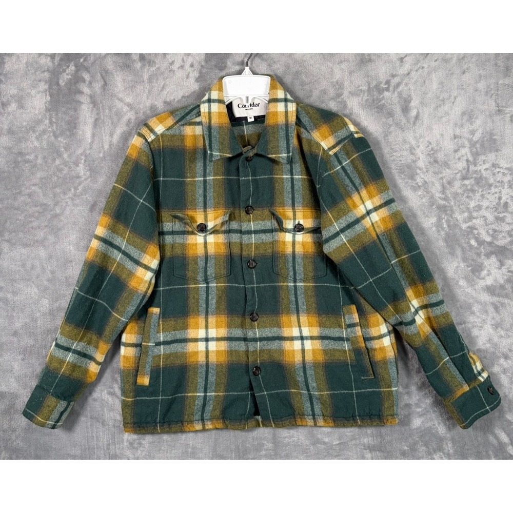 Corridor Ombre Plaid Military Jacket Shirt Mens Medium Green Merino Wool Button